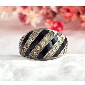 Art Deco Black Onyx Geometric Domed 925 Sterling Silver Vintage Ring - sz 5